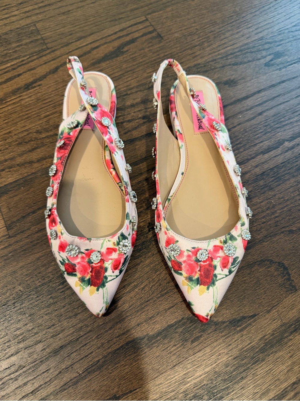 Betsey Johnson Pink Floral Crystal-Studded Pointed Slingback Flats